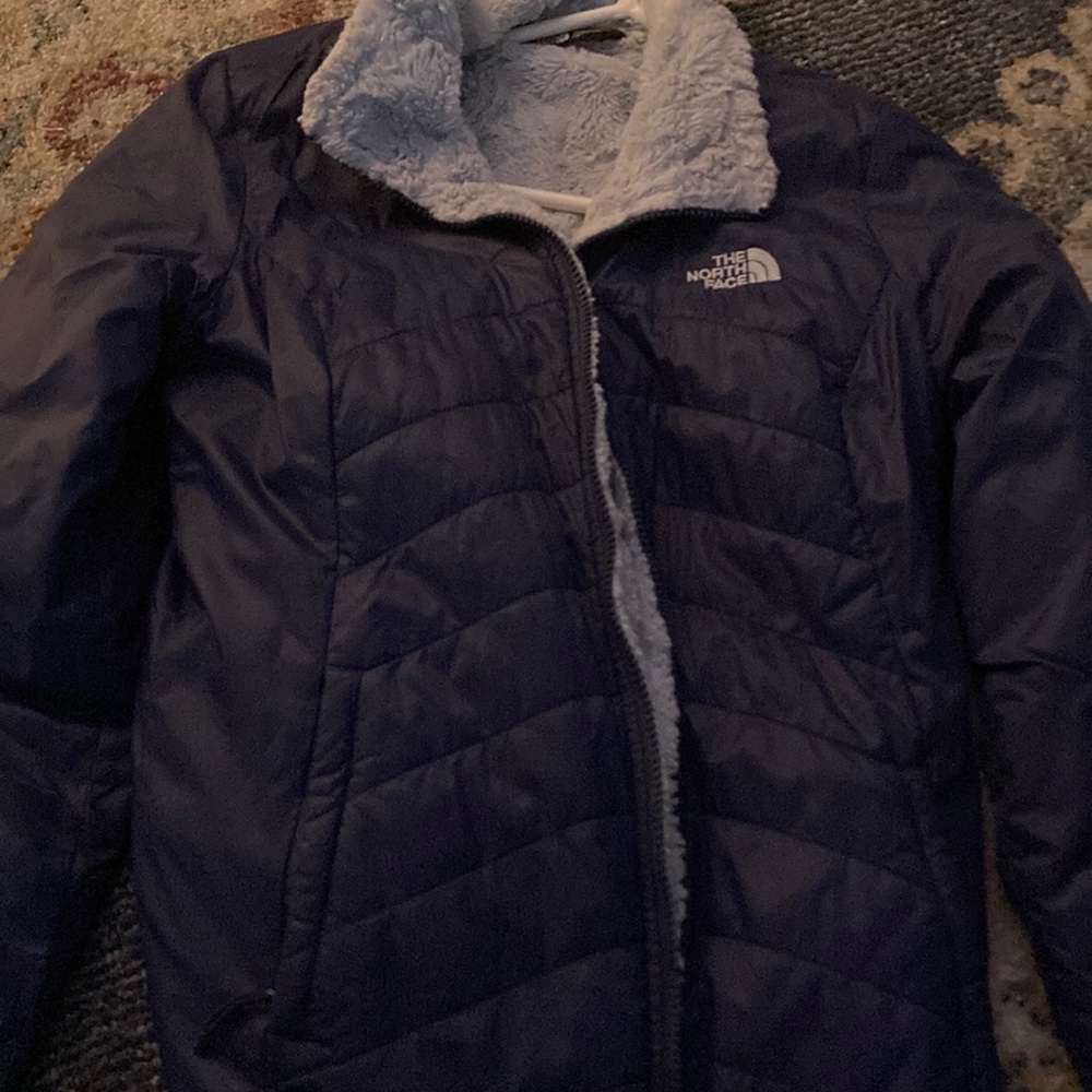 Dark blue northface with light blue faux fur inside